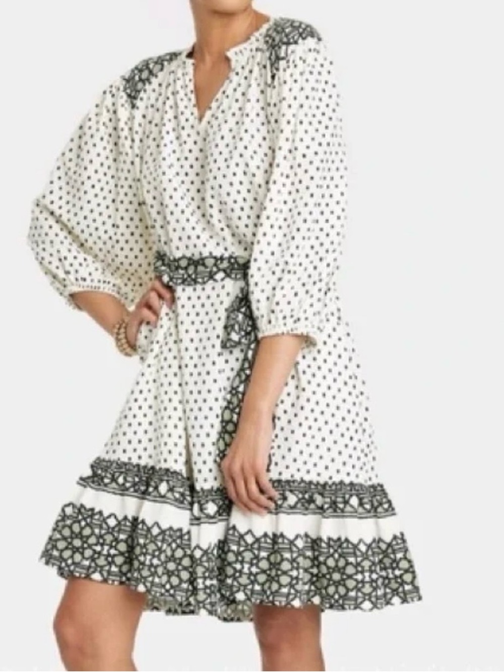 Knox Rose A-line Polka Dot Belted V-neck Dress Sz Medium Ivory Black 3/4 Sleeve